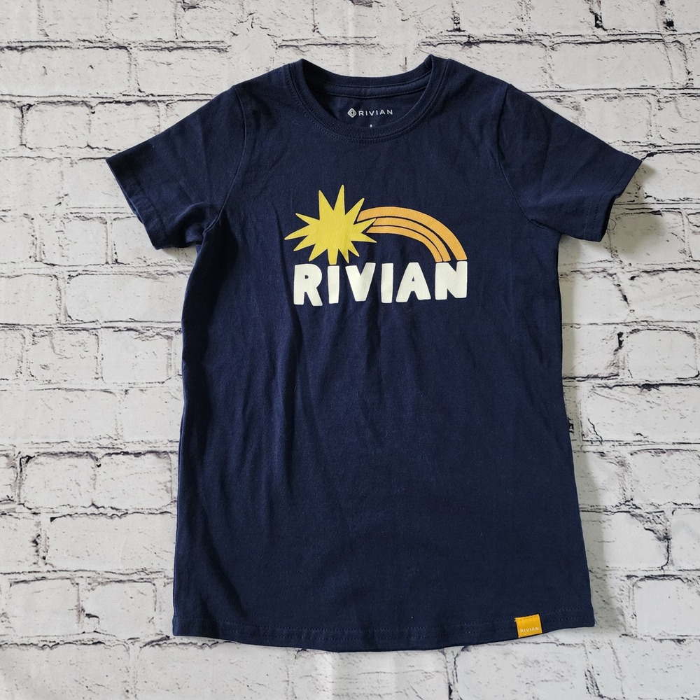 Rivian Kids Navy Blue Organic Cotton Sun Rainbow Graphic T-Shirt Size 6 USA Made